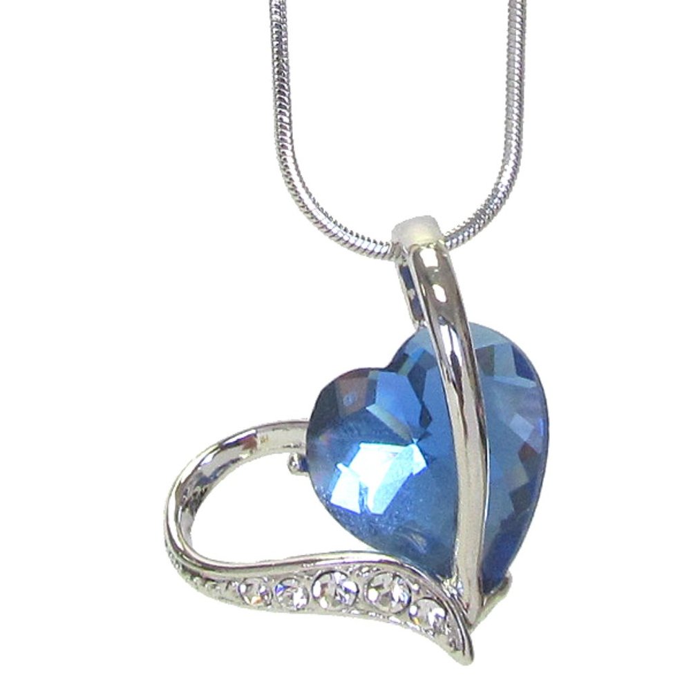 White Gold Plated Aqua Blue Heart Pendant and Crystal Necklace